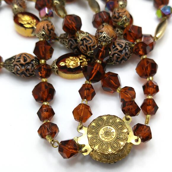 Western Germany Art Bead Floral Necklace, Two Strands, Button Box Clasp, 1950s - Picture 8 of 10